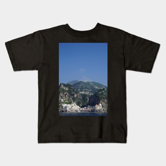 amalfi coast southwestern italy seaside town view from sea Kids T-Shirt by maplunk